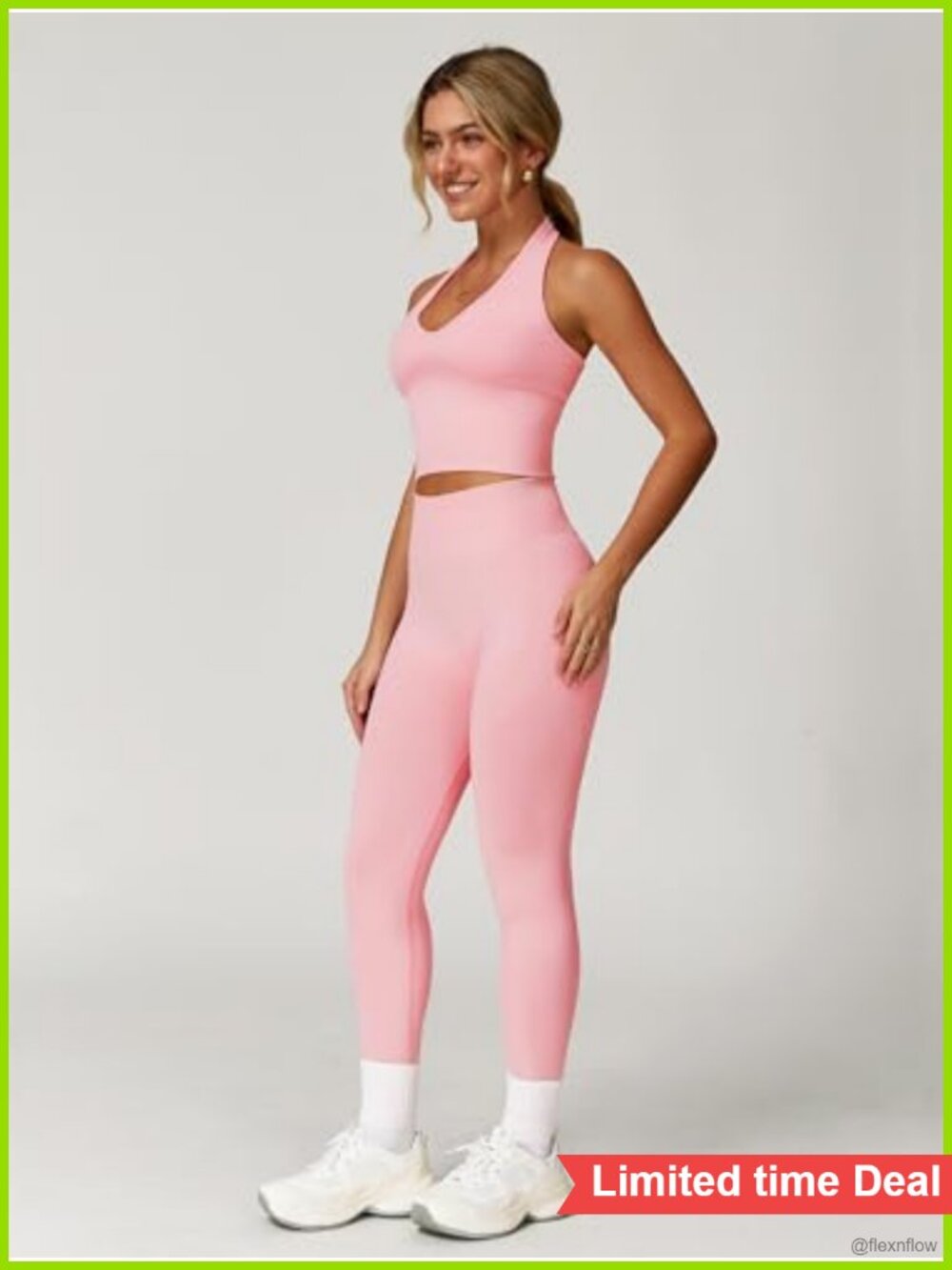 Seamless Ribbed Halter Sports Bra Scrunch Butt Leggings Gym Set - Picture 2 of 2